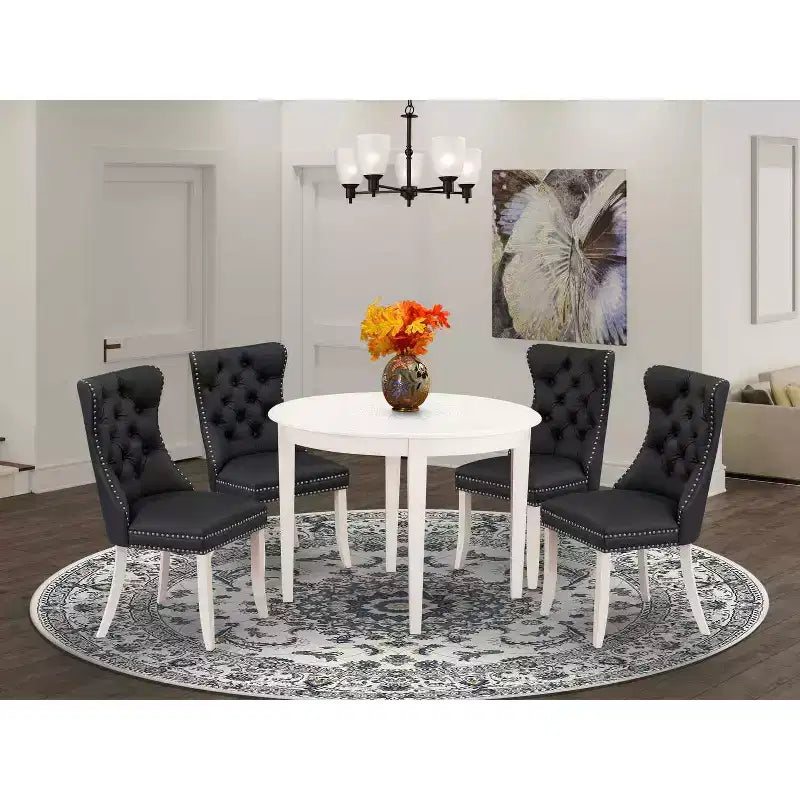 5-Piece Linen White Solid Wood Top - Round Upholstered Dining Room Set - (Seats-4)