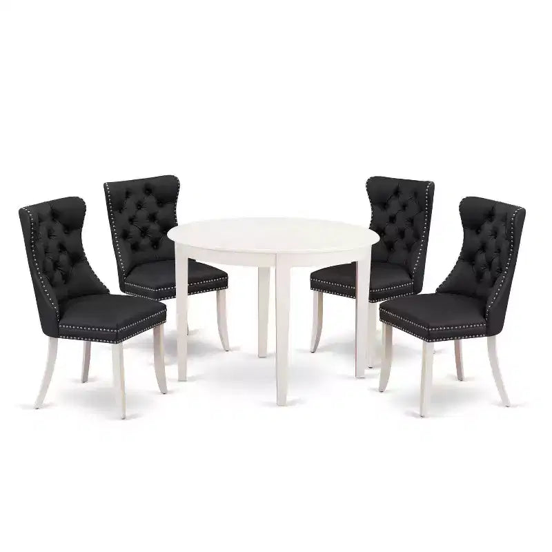 5-Piece Linen White Solid Wood Top - Round Upholstered Dining Room Set - (Seats-4)