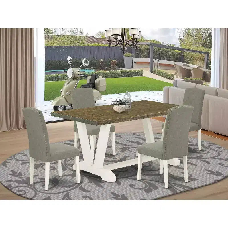 5-Piece Distressed Jacobean Finish Solid Wood Top Dining Table with 4 Parson Chair with