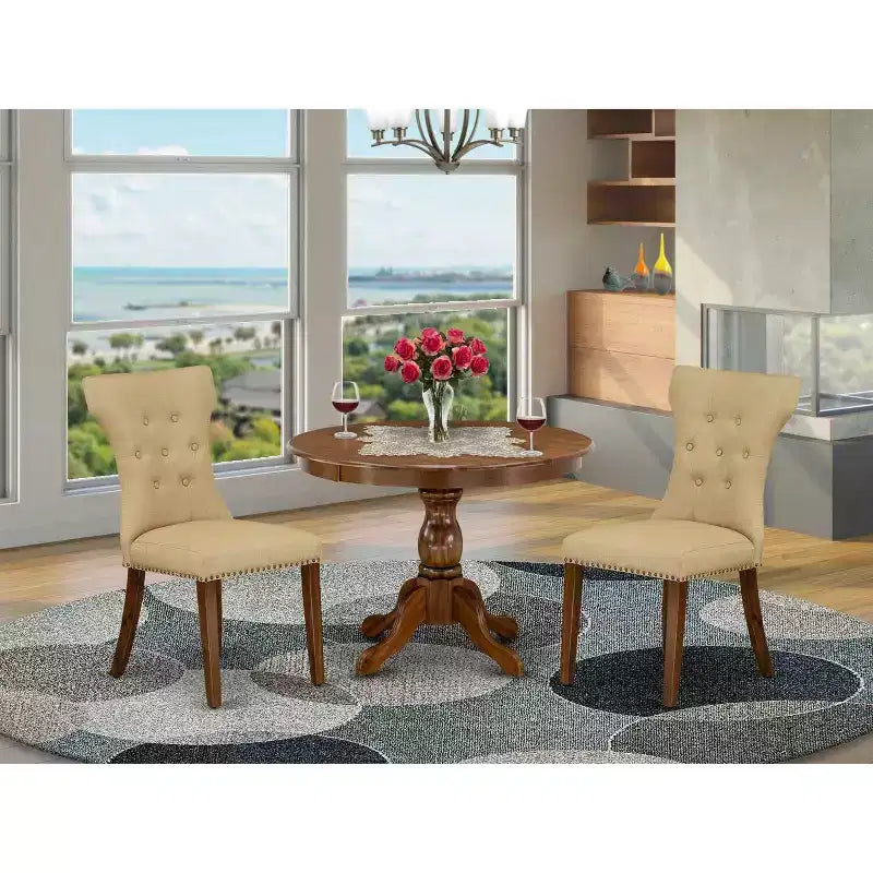 3-Piece Acacia Walnut Finish Solid Wood Top - Button Tufted Dining Room Set - Seats 4