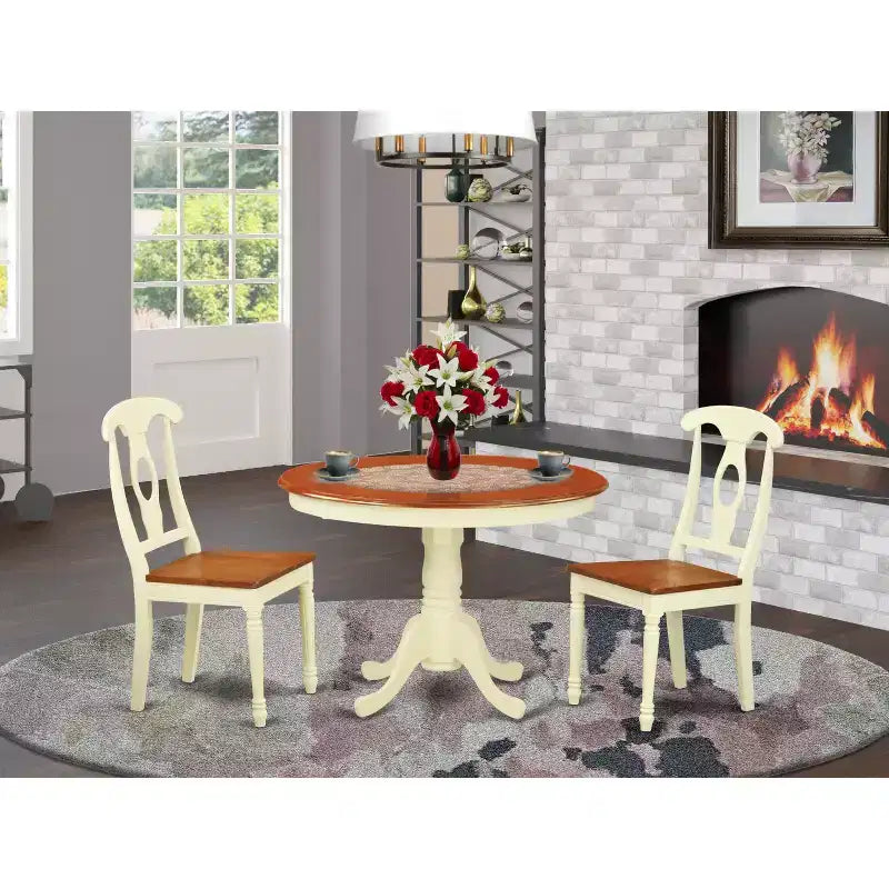 HomeStock 3-Piece Round Buttermilk and Cherry Finish Solid Wood Top Dining Table with 2 Chairs