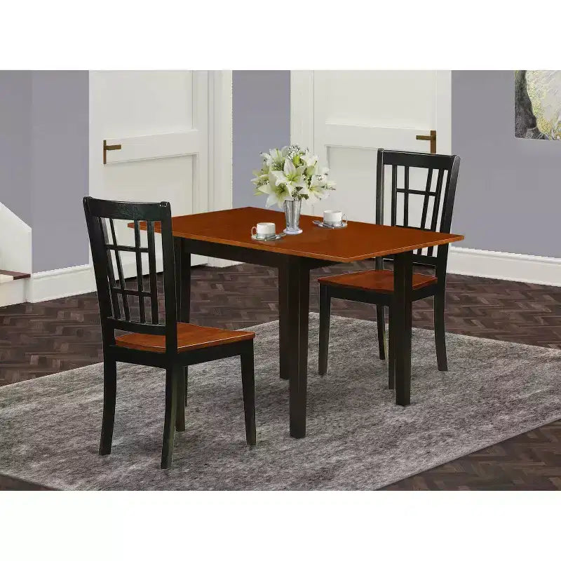3-Piece Black and Cherry Finish Solid Wood Top Dining Table Set
