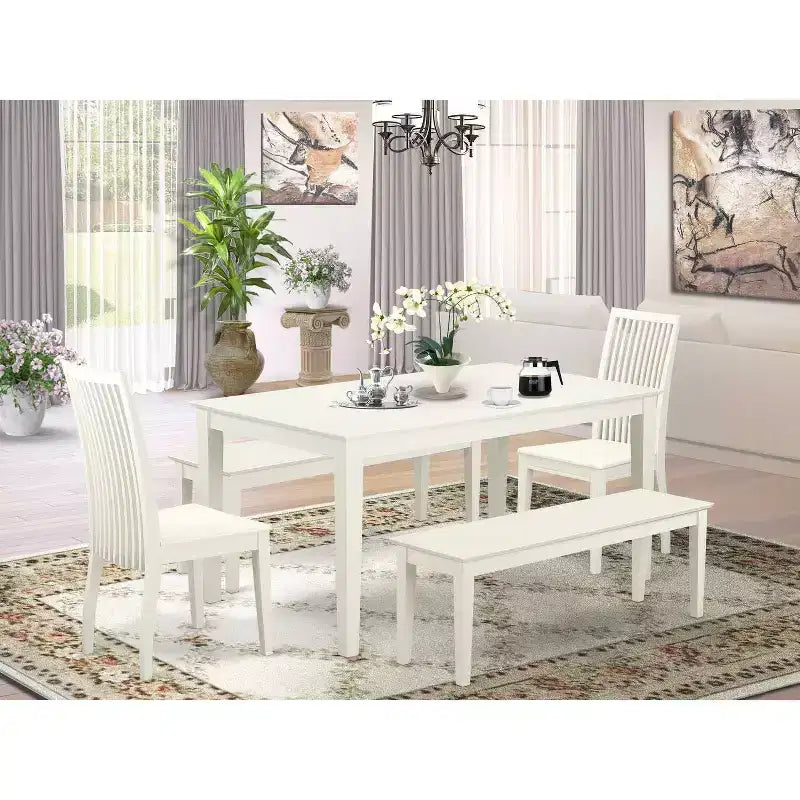 HomeStock 5-Piece Rectangle Linen White Finish Solid Wood Top Dining Table with 2 Benches, 2 Chairs