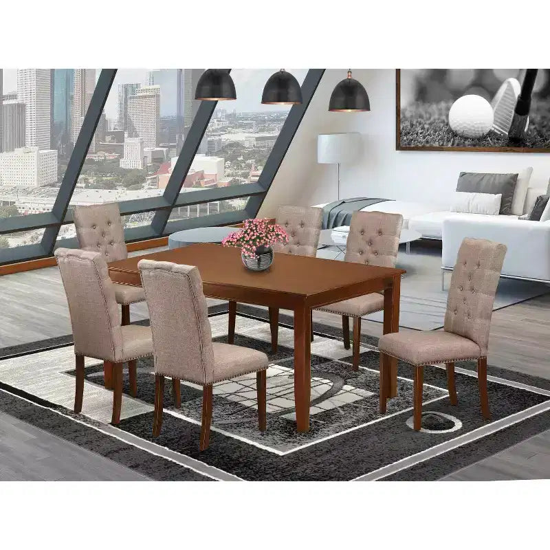 HomeStock 7-Piece Mahogany Finish Solid Wood Top Dining Table with 6 Chairs