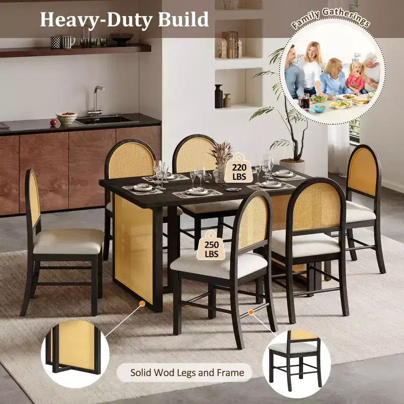 7 Piece Dining Table Set for 6, 59.8 Rectangular Dining Table with Upholstered Chair, Rattan Breakfast Table for Kitchen, Dining Room