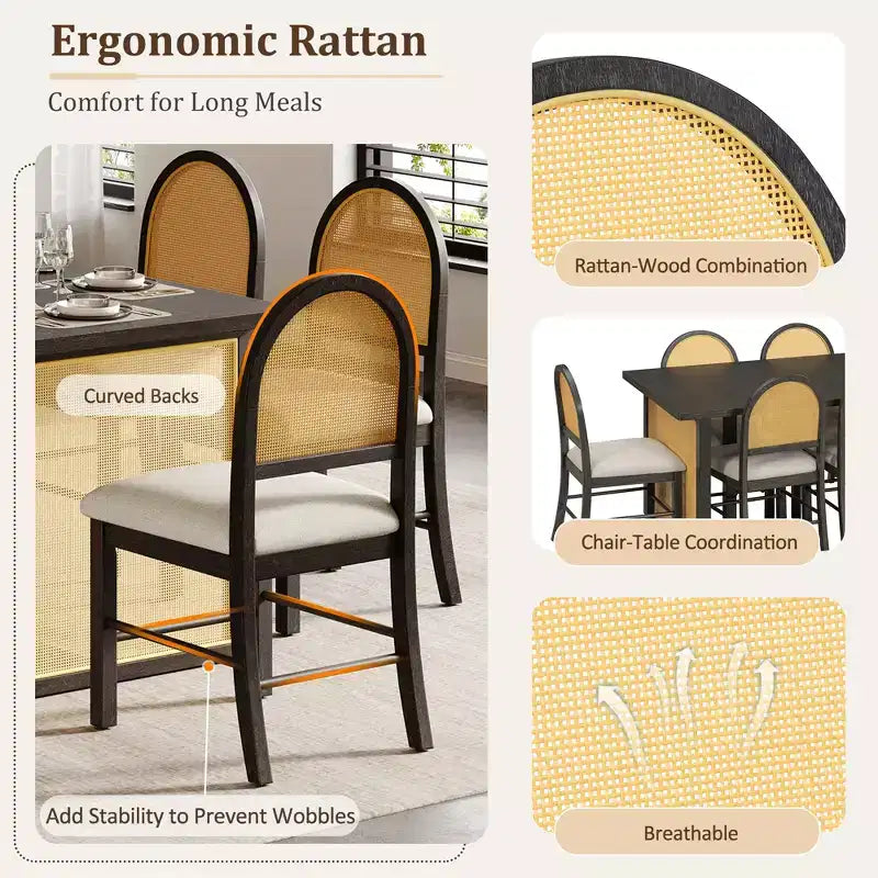 7 Piece Dining Table Set for 6, 59.8 Rectangular Dining Table with Upholstered Chair, Rattan Breakfast Table for Kitchen, Dining Room
