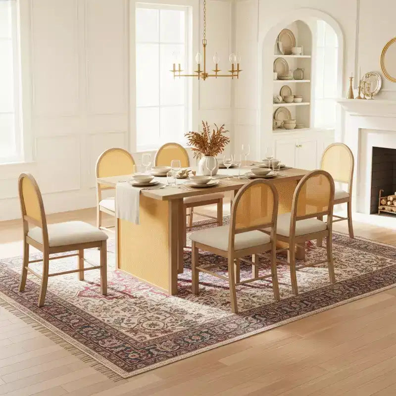 7 Piece Dining Table Set for 6, 59.8 Rectangular Dining Table with Upholstered Chair, Rattan Breakfast Table for Kitchen, Dining Room