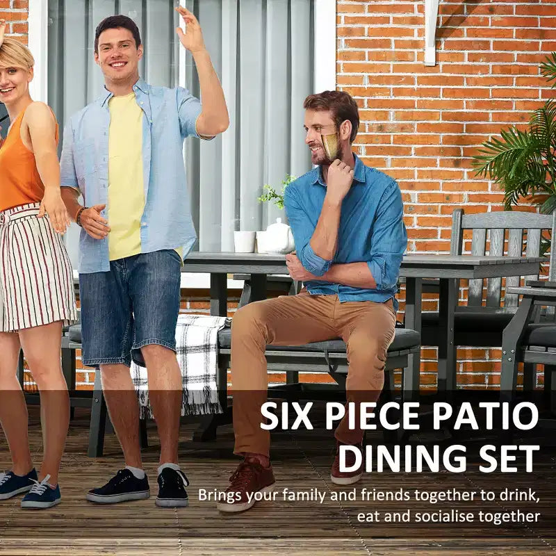 6 Pieces Patio Dining Set, 6 Seater Outdoor Table and Chairs, Conversation Furniture, Armrests, Loveseat Bench, Dinner Table with Umbrella Hole