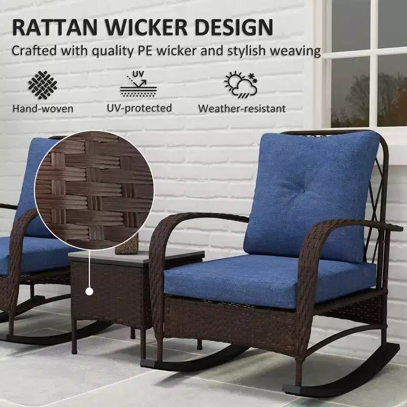 3 Piece Wicker Patio Furniture Set, Outdoor PE Rattan Rocking Chairs with Coffee Table, Cushions for Porch