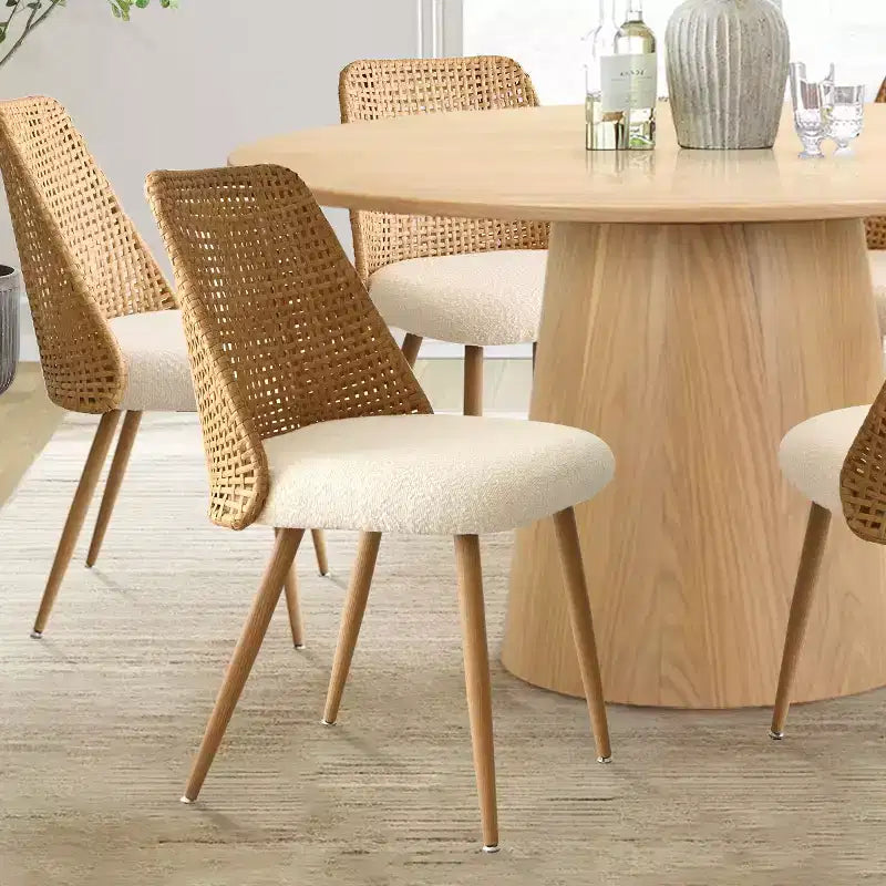 7-Piece Round Dining Table Set for 6 Oak Wood Dining Table and Boucle Rattan Dining Chairs for Kitchen Dining Room Farmhouse-Panipeachy