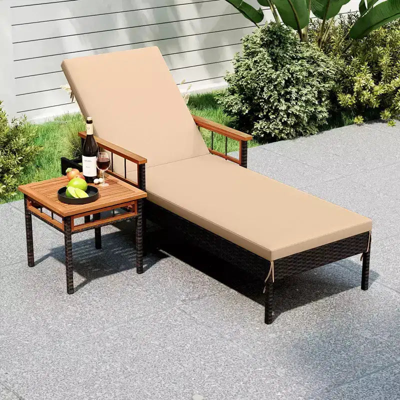Costway 2-Piece Patio Rattan Chaise Lounge with Side Table Outdoor Reclining Chair Set Mix Brown,Beige
