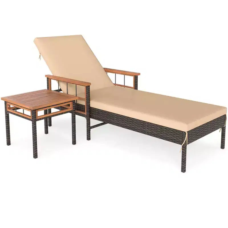 Costway 2-Piece Patio Rattan Chaise Lounge with Side Table Outdoor Reclining Chair Set Mix Brown,Beige