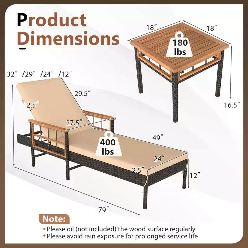 Costway 2-Piece Patio Rattan Chaise Lounge with Side Table Outdoor Reclining Chair Set Mix Brown,Beige
