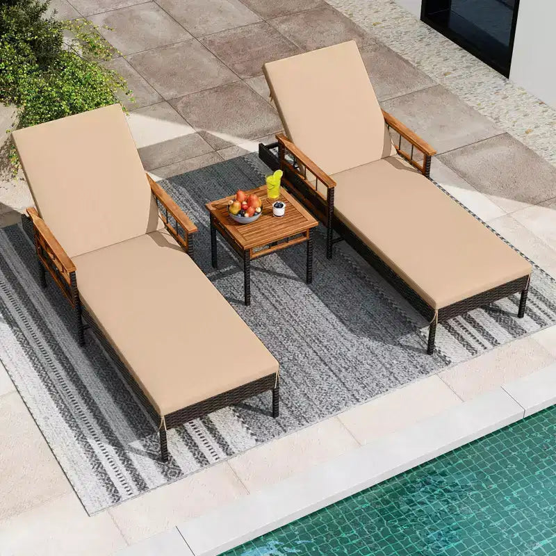 Costway 2-Piece Patio Rattan Chaise Lounge with Side Table Outdoor Reclining Chair Set Mix Brown,Beige