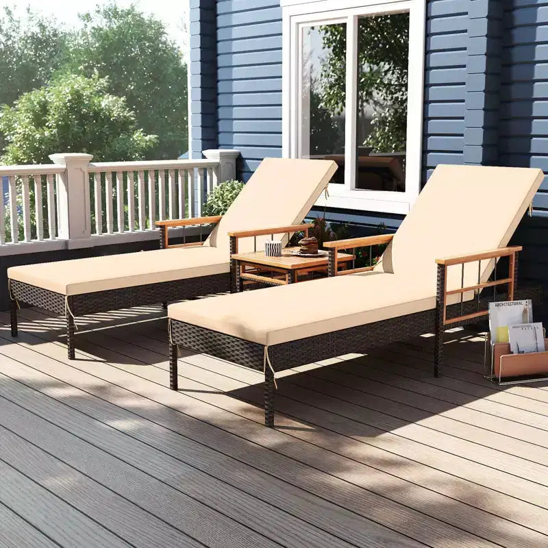Costway 2-Piece Patio Rattan Chaise Lounge with Side Table Outdoor Reclining Chair Set Mix Brown,Beige
