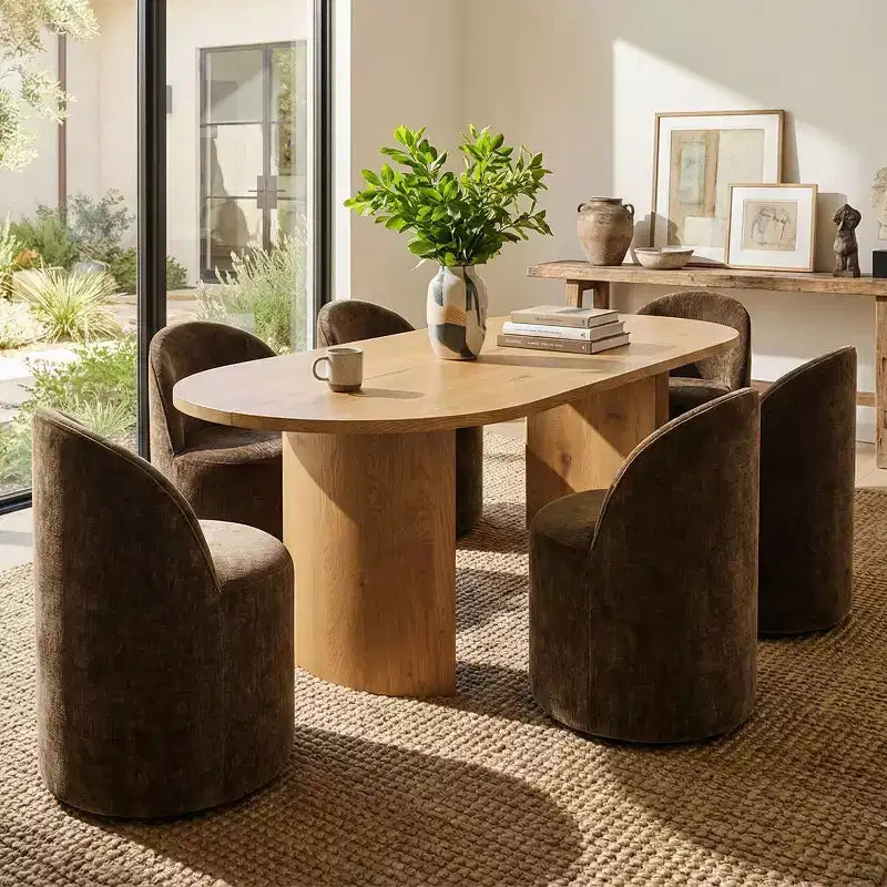 Dining Table Set for 6, Oval 79 Table and Chenille Fabric Armless Barrel Chairs with Casters, Perfect for Kitchens-Panipeachy
