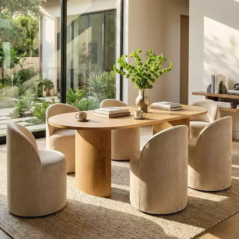 Dining Table Set for 6, Oval 79 Table and Chenille Fabric Armless Barrel Chairs with Casters, Perfect for Kitchens-Panipeachy