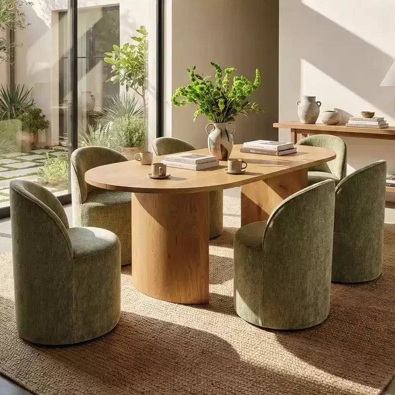 Dining Table Set for 6, Oval 79 Table and Chenille Fabric Armless Barrel Chairs with Casters, Perfect for Kitchens-Panipeachy