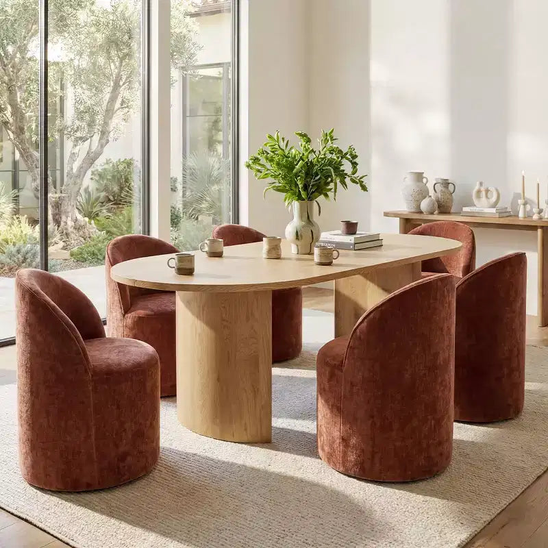 Dining Table Set for 6, Oval 79 Table and Chenille Fabric Armless Barrel Chairs with Casters, Perfect for Kitchens-Panipeachy