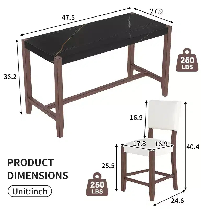 Marble Counter Height Dining Table Set for 4, 5 Pieces Bar Table Set with 4 Upholstered Chairs for Dining Room Pub Kitchen Small Place