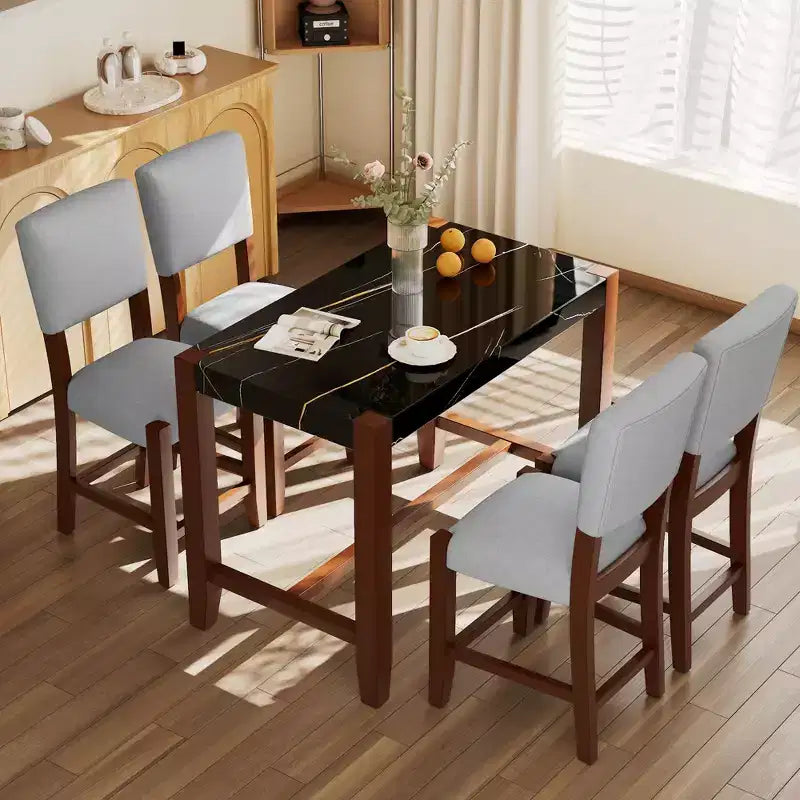 Marble Counter Height Dining Table Set for 4, 5 Pieces Bar Table Set with 4 Upholstered Chairs for Dining Room Pub Kitchen Small Place
