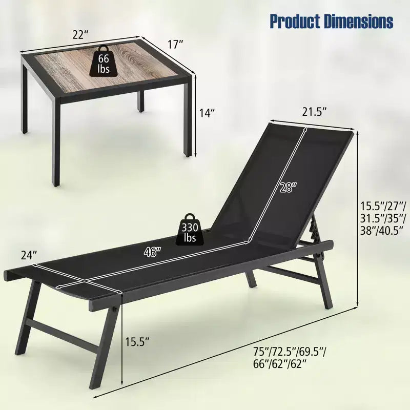 Costway 3pcs Patio Chaise Lounge Set Aluminum Recliner Chair Table Outdoor