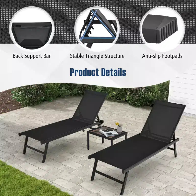 Costway 3pcs Patio Chaise Lounge Set Aluminum Recliner Chair Table Outdoor