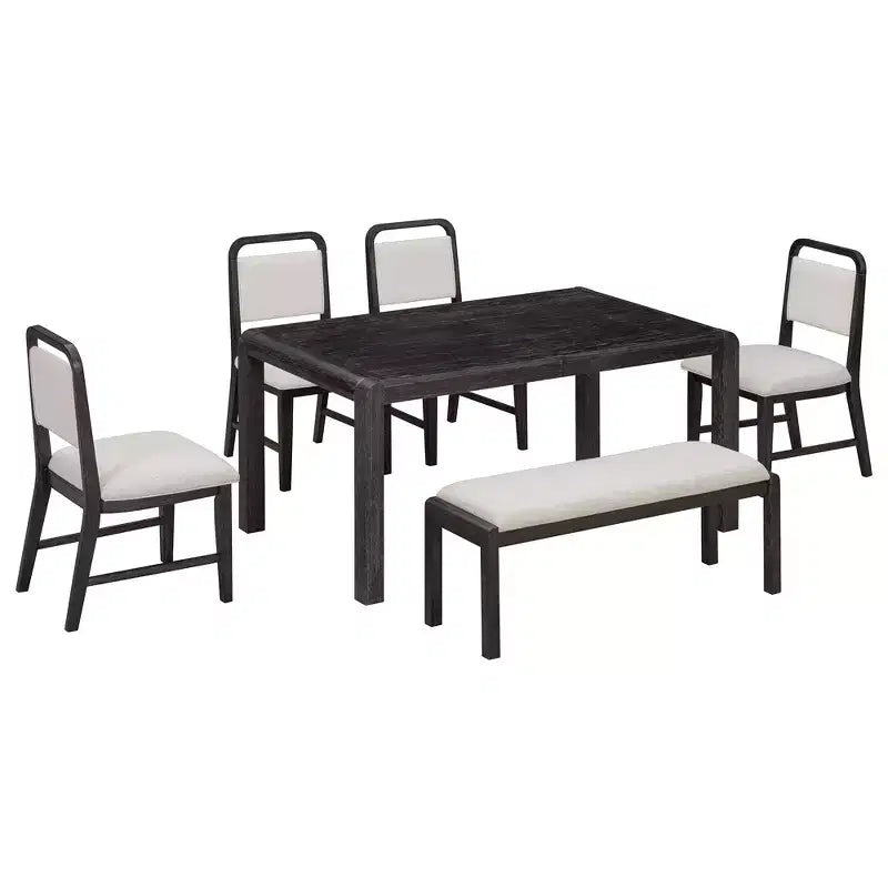 Vintage Extendable Dining Table Set for 6 with 4 Upholstered Chairs and Bench, Rustic Wire Brushed Kitchen Table Set with Curved Design