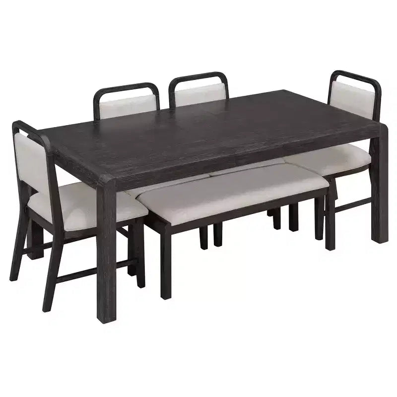 Vintage Extendable Dining Table Set for 6 with 4 Upholstered Chairs and Bench, Rustic Wire Brushed Kitchen Table Set with Curved Design