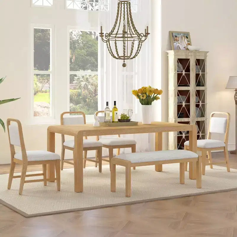 Vintage Extendable Dining Table Set for 6 with 4 Upholstered Chairs and Bench, Rustic Wire Brushed Kitchen Table Set with Curved Design