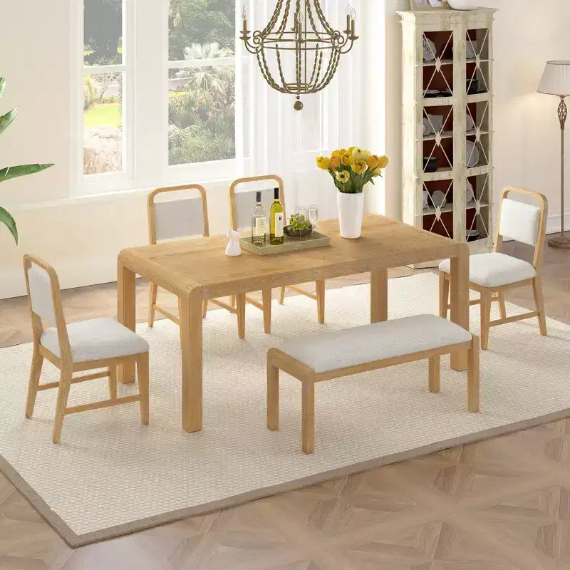 Vintage Extendable Dining Table Set for 6 with 4 Upholstered Chairs and Bench, Rustic Wire Brushed Kitchen Table Set with Curved Design