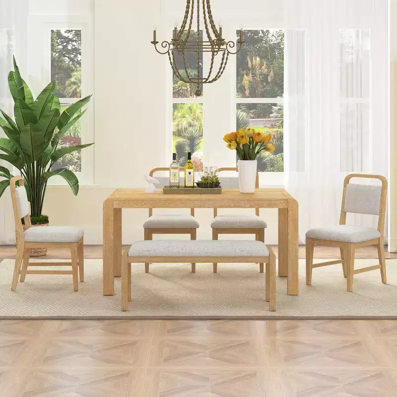 Vintage Extendable Dining Table Set for 6 with 4 Upholstered Chairs and Bench, Rustic Wire Brushed Kitchen Table Set with Curved Design