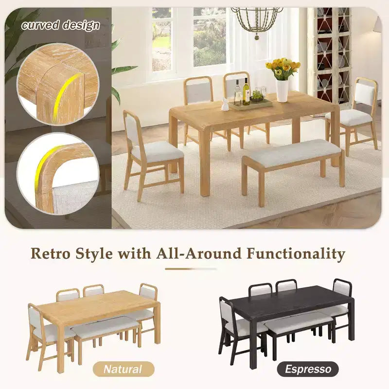 Vintage Extendable Dining Table Set for 6 with 4 Upholstered Chairs and Bench, Rustic Wire Brushed Kitchen Table Set with Curved Design