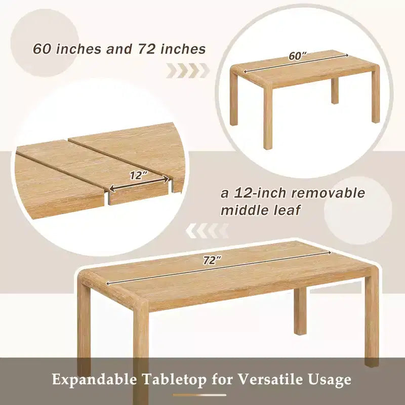 Vintage Extendable Dining Table Set for 6 with 4 Upholstered Chairs and Bench, Rustic Wire Brushed Kitchen Table Set with Curved Design