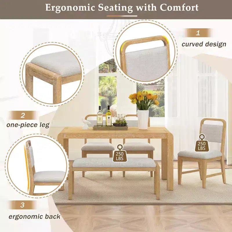 Vintage Extendable Dining Table Set for 6 with 4 Upholstered Chairs and Bench, Rustic Wire Brushed Kitchen Table Set with Curved Design