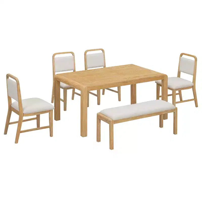 Vintage Extendable Dining Table Set for 6 with 4 Upholstered Chairs and Bench, Rustic Wire Brushed Kitchen Table Set with Curved Design