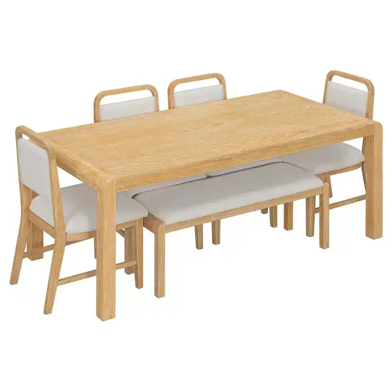 Vintage Extendable Dining Table Set for 6 with 4 Upholstered Chairs and Bench, Rustic Wire Brushed Kitchen Table Set with Curved Design