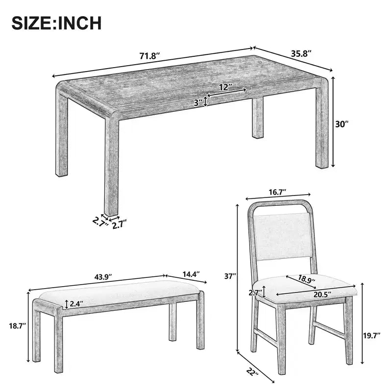 Vintage Extendable Dining Table Set for 6 with 4 Upholstered Chairs and Bench, Rustic Wire Brushed Kitchen Table Set with Curved Design