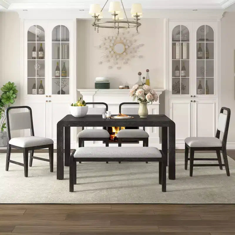 Vintage Extendable Dining Table Set for 6 with 4 Upholstered Chairs and Bench, Rustic Wire Brushed Kitchen Table Set with Curved Design