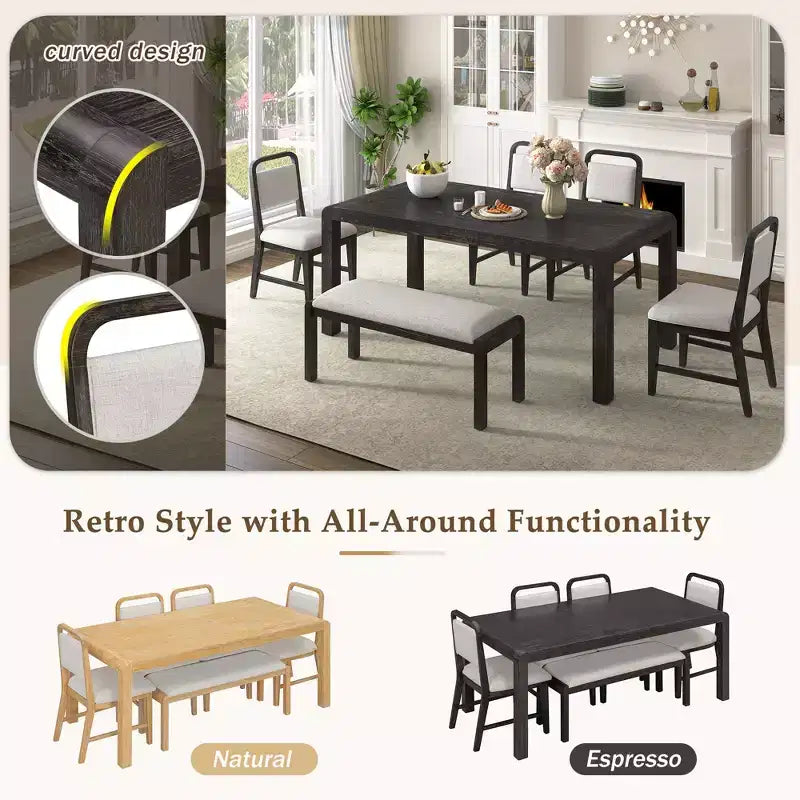 Vintage Extendable Dining Table Set for 6 with 4 Upholstered Chairs and Bench, Rustic Wire Brushed Kitchen Table Set with Curved Design