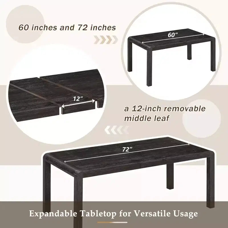 Vintage Extendable Dining Table Set for 6 with 4 Upholstered Chairs and Bench, Rustic Wire Brushed Kitchen Table Set with Curved Design