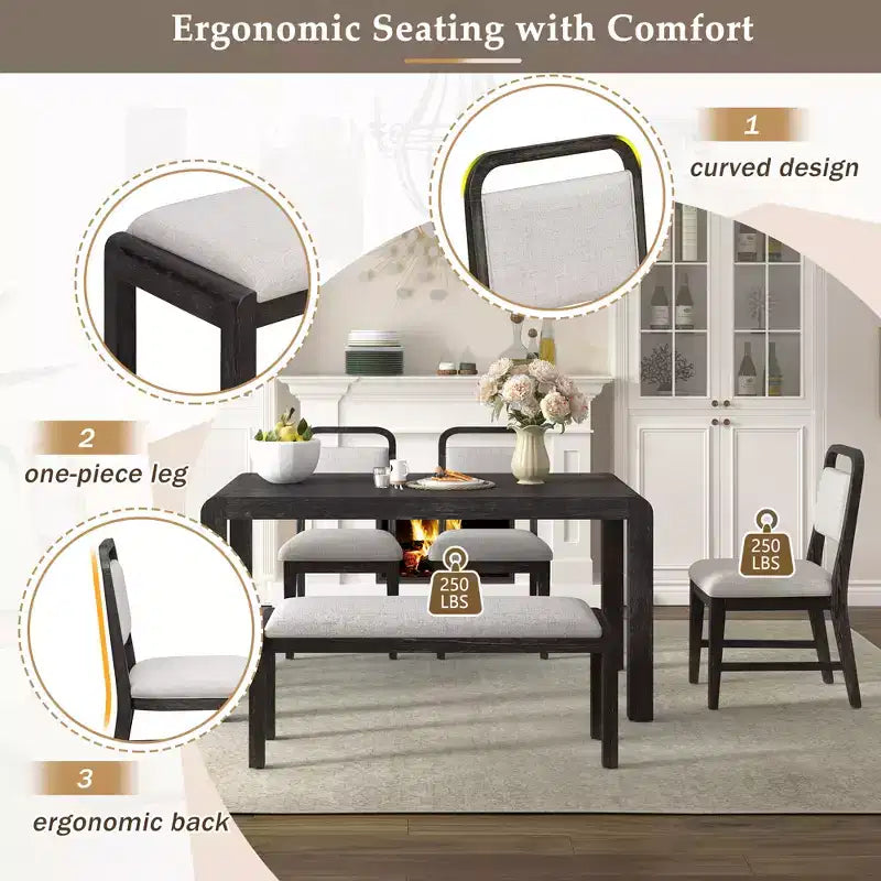 Vintage Extendable Dining Table Set for 6 with 4 Upholstered Chairs and Bench, Rustic Wire Brushed Kitchen Table Set with Curved Design
