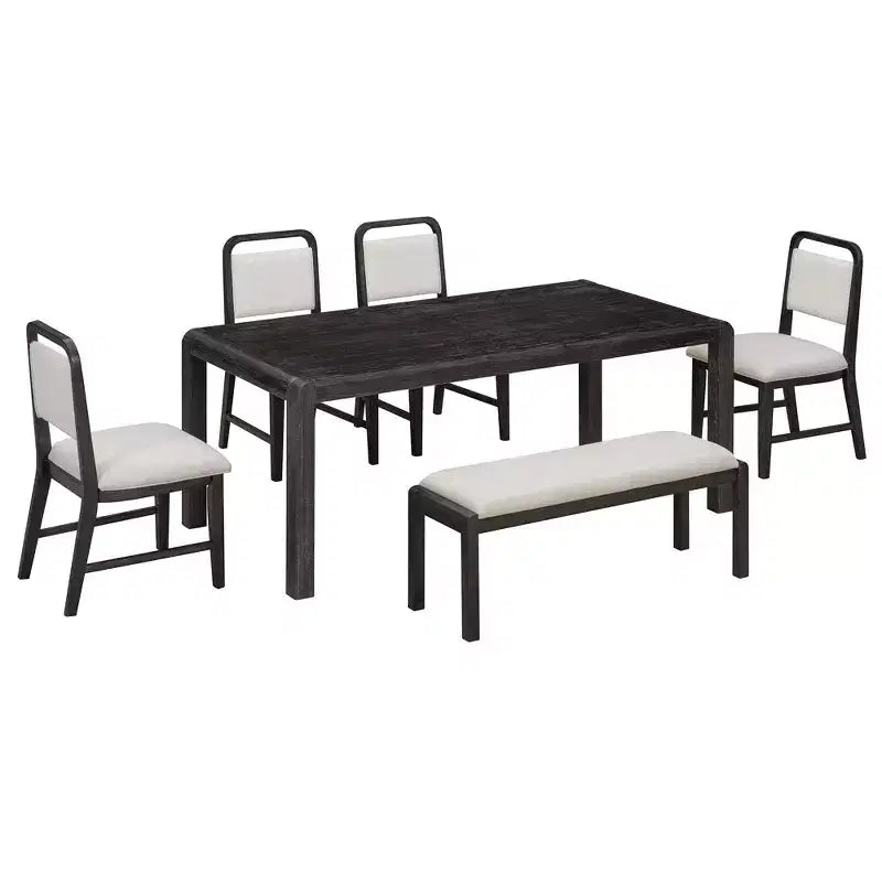 Vintage Extendable Dining Table Set for 6 with 4 Upholstered Chairs and Bench, Rustic Wire Brushed Kitchen Table Set with Curved Design