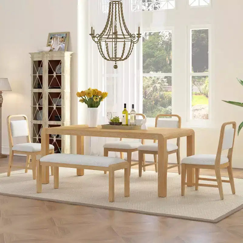 Vintage Extendable Dining Table Set for 6 with 4 Upholstered Chairs and Bench, Rustic Wire Brushed Kitchen Table Set with Curved Design
