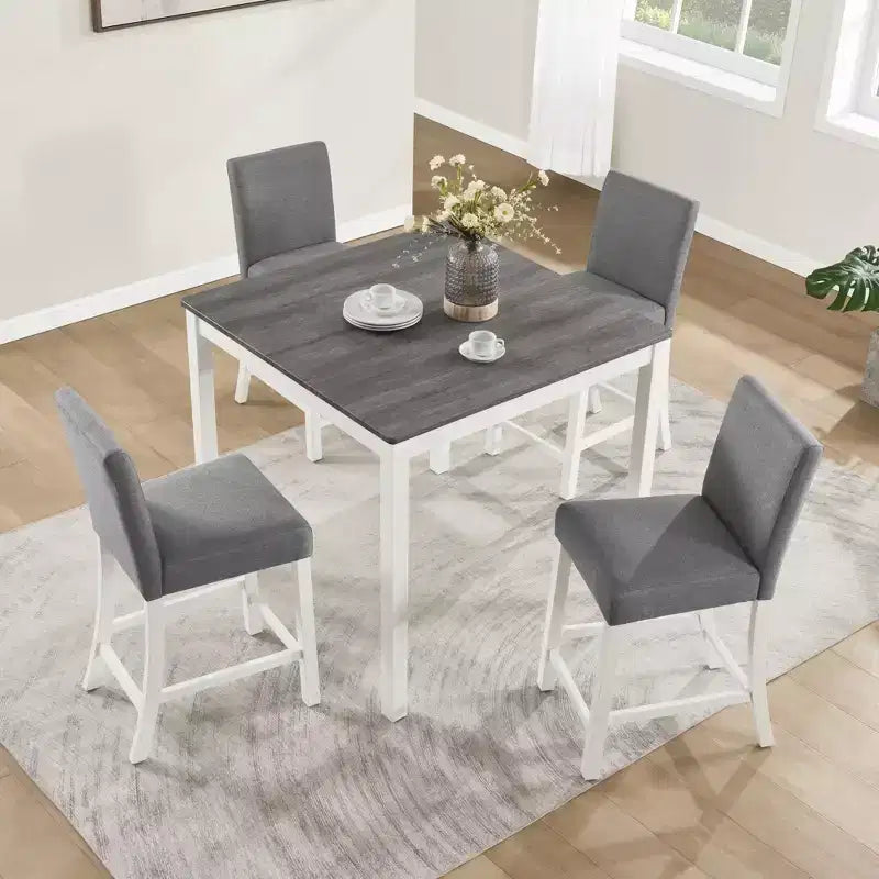 GDFStudio Roseanne 5 Piece Modern Rubberwood Counter Height Dining Table Set with 4 Linen Upholstered Chairs