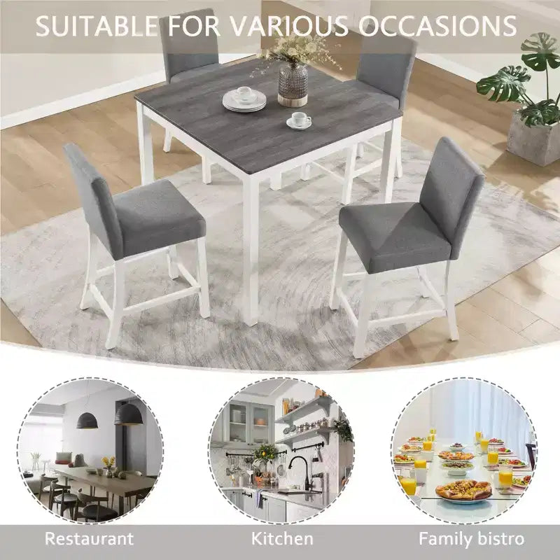 GDFStudio Roseanne 5 Piece Modern Rubberwood Counter Height Dining Table Set with 4 Linen Upholstered Chairs