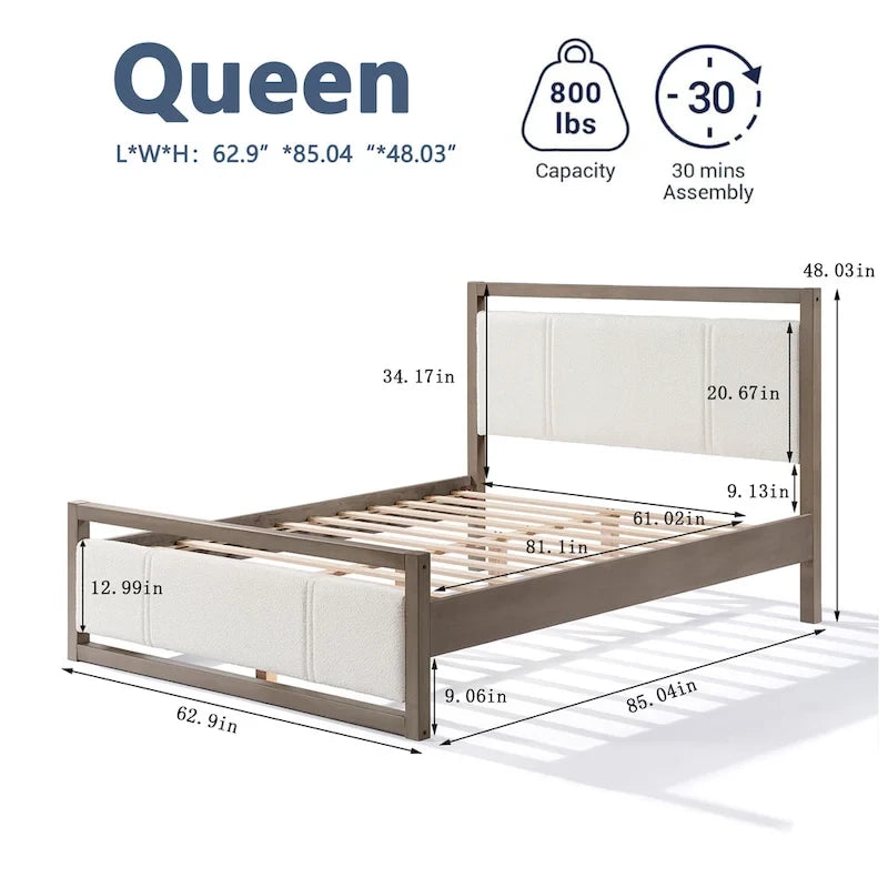 Lit plateforme Queen avec tête de lit en tissu bouclé et cadre en bois gris