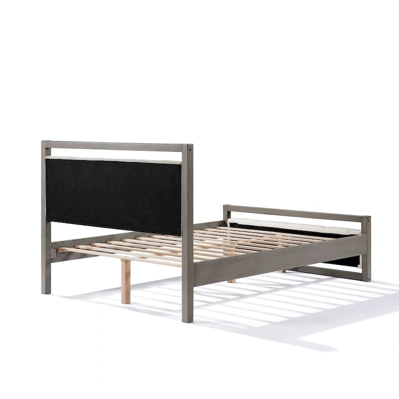 Lit plateforme Queen avec tête de lit en tissu bouclé et cadre en bois gris