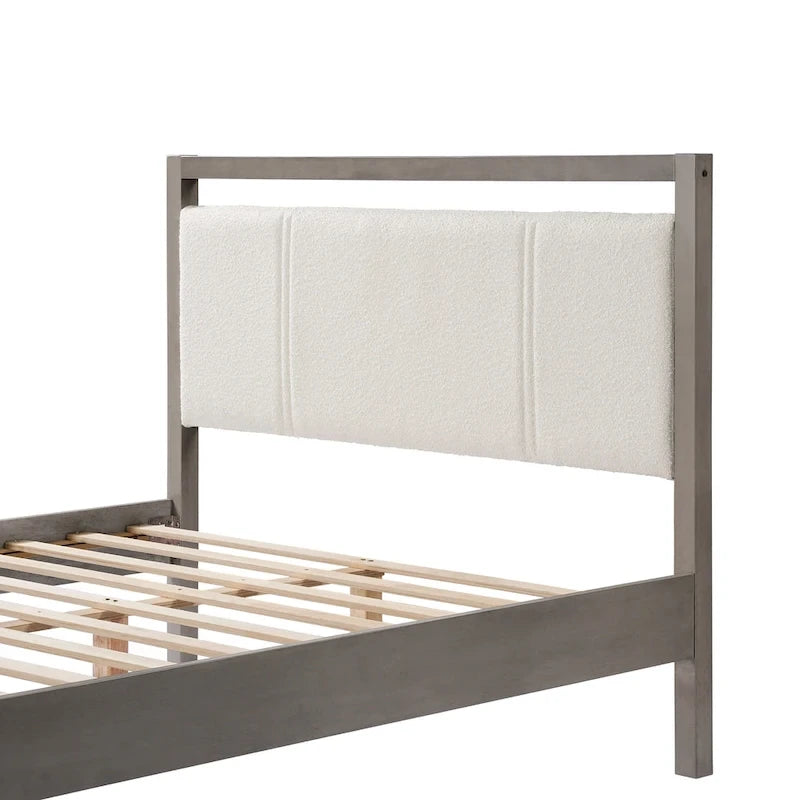 Lit plateforme Queen avec tête de lit en tissu bouclé et cadre en bois gris