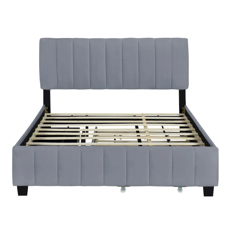 Lit plateforme rembourré Queen Size avec lit gigogne et tiroirs de rangement
